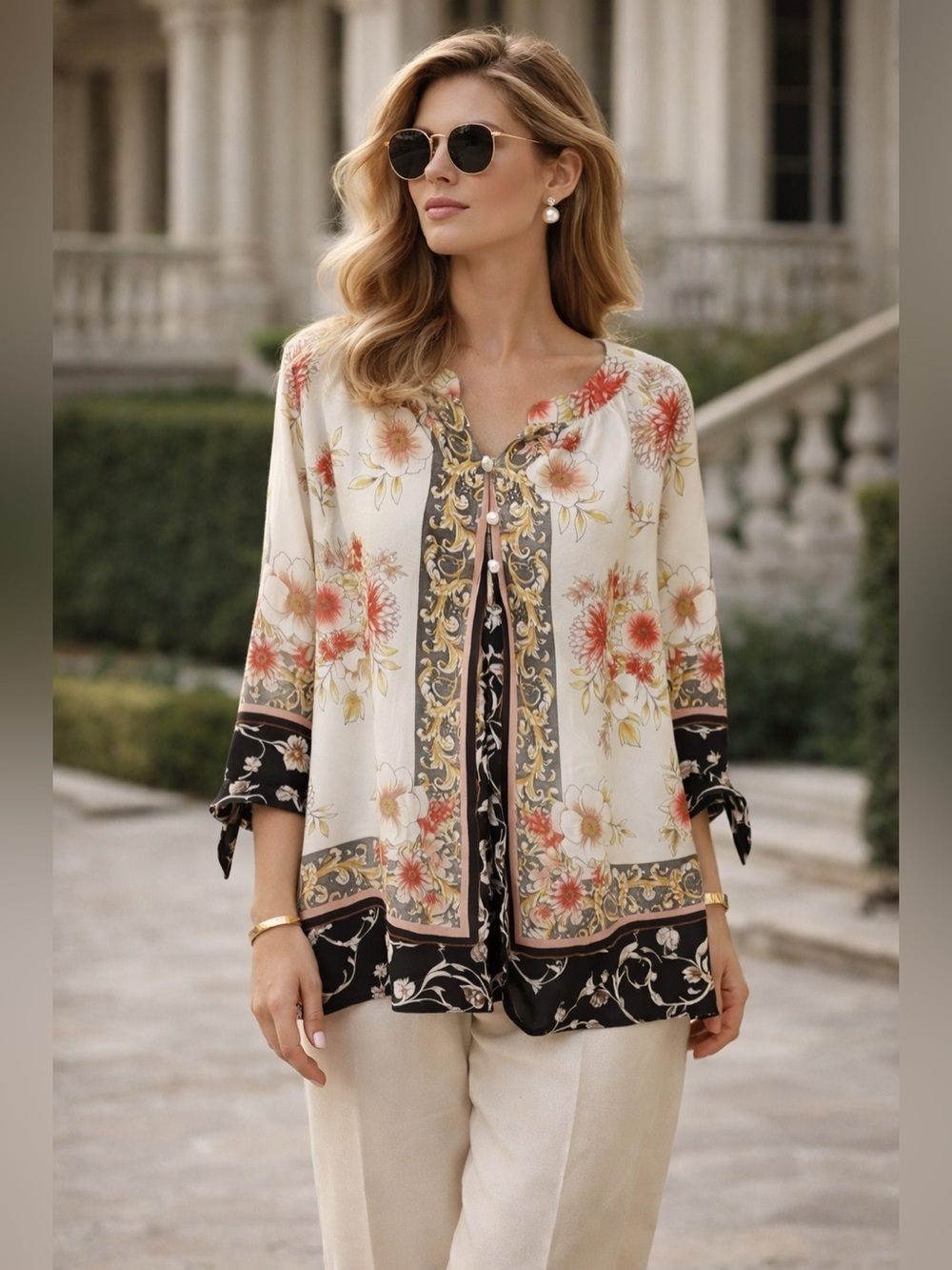 Anthropologie Fig And flower Cream Black Gold Floral Tunic Sz 1X Old Money